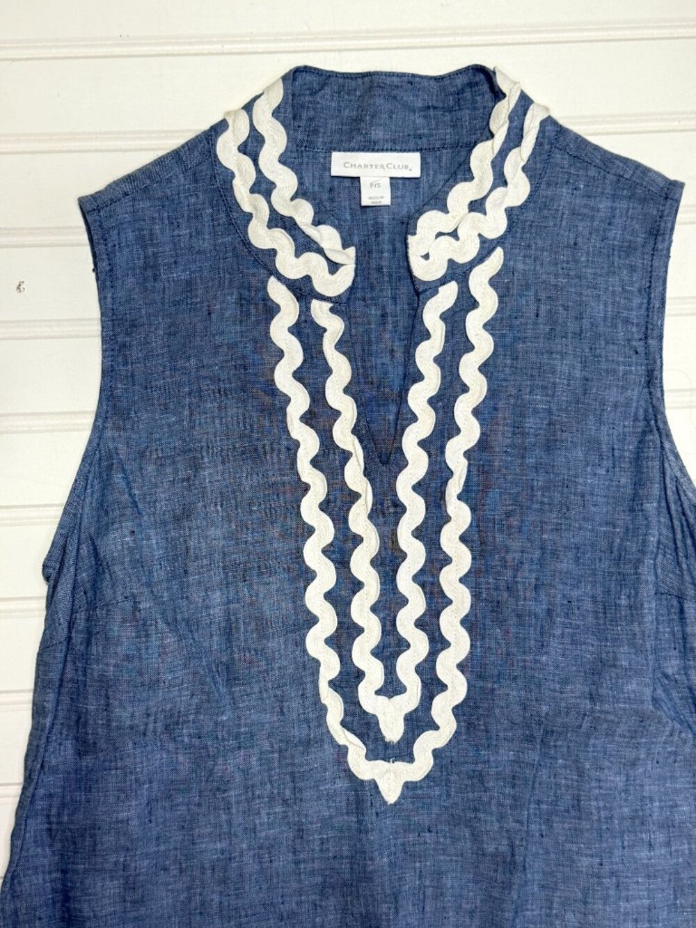 Charter Club Blue Linen Tunic Top White Trim Petite Small - Picture 3 of 7